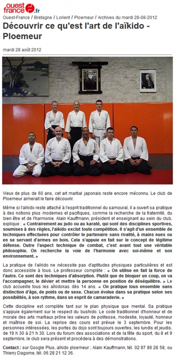 Article presse - Ouest France du mardi 28 aout 2012