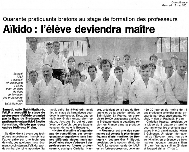 Ouest France Mercredi 16 mai 2001 J.Y Le Vour ch J Bardet